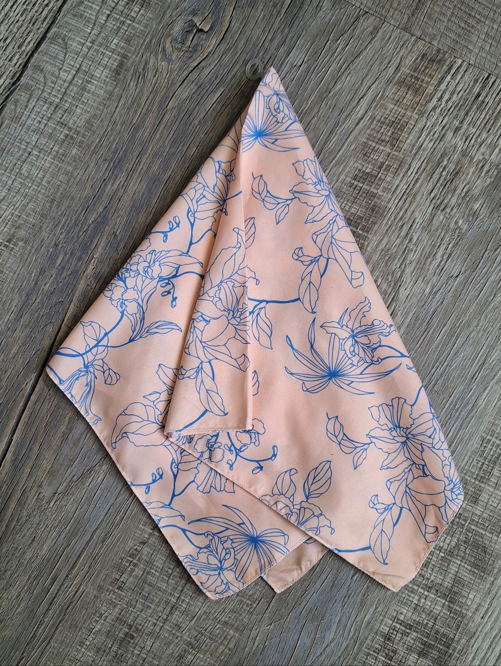 Peach Floral Silk Bandana with Blue Outline Print